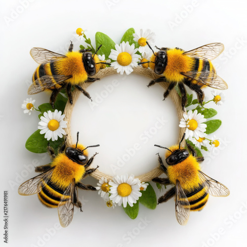 Close-up of four bumblebees on a floral wreath made of chamomile flowers and green leaves in a circular arrangement