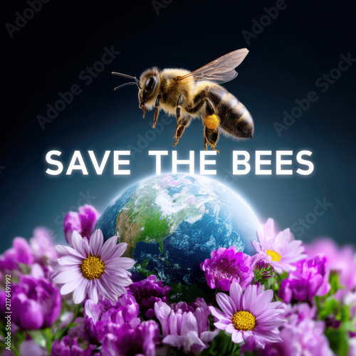 Save the Bees Earth Awareness Campaign with Bee Over Globe Surrounded by Purple Flowers Message