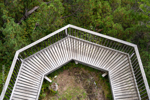 Aerial View of Wooden Observation Deck Over Lush Green Forest Landscape