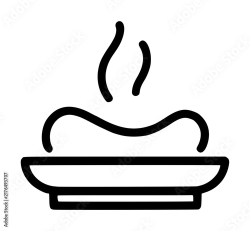 Minimalist black line art vector icon of a soap dish with a wavy bar of soap emitting two graceful steam swirls above it, perfect for bathroom and hygiene themed designs