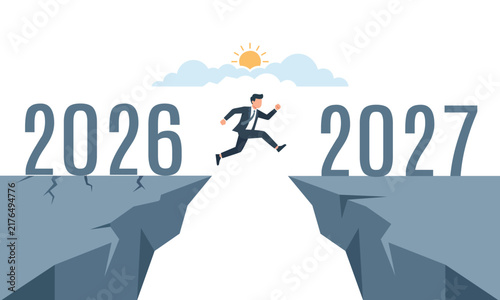 Bild auf Leinwand Businessman jumping over gap from 2026 to 2027 symbolizing progress