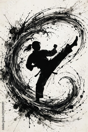 Karate Martial Artist Silhouette Performing High Kick Ink Splash Art