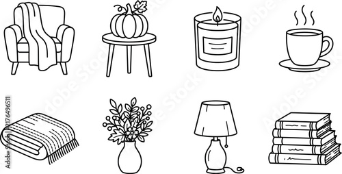 Collection of eight cozy autumn-themed line art icons featuring home decor elements like furniture, warm drinks, reading materials, and seasonal harvest  isolated on transparent background