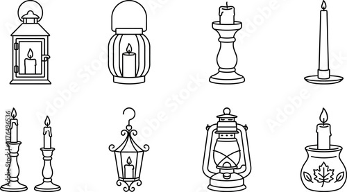 Collection of eight minimalist line art icons featuring various styles of vintage lanterns, candles, and candlesticks, perfect for decorative design projects isolated on transparent background