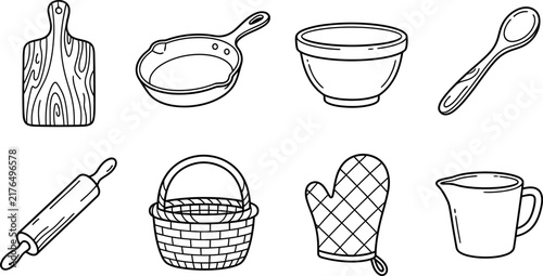 Collection of simple black and white line art illustrations depicting various essential kitchen tools and baking utensils arranged in a clean, organized grid layout.