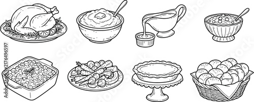 Collection of black and white line art illustrations depicting a traditional Thanksgiving dinner feast featuring turkey, mashed potatoes, gravy, stuffing, vegetables, and bread.