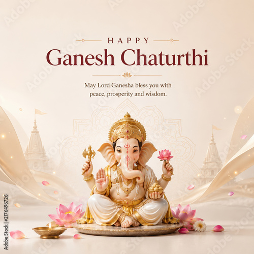 Ganesh Chaturthi social media post with creative Lord Ganesha idol and lotus flowers