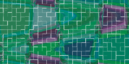 Abstract Geometric Background With Dark Green Purple And Blue Wavy Frames, Distorted Grid Lines, Fluid Marble Texture, Retro Futuristic Style, Optical Illusion, Modern Digital Art, Creative Wallpaper