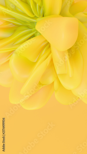 Modern 3D abstract yellow botanical blossom background with fluid organic petal shapes. Designed as an elegant vertical wallpaper for mobile displays and decorative digital graphics.