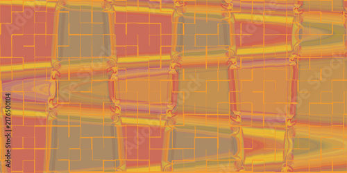 Ornate Geometric Abstract Background With Warm Orange Red Gold And Brown Tones Featuring Distorted Rectangular Panels And Intricate Decorative Borders For Vintage Textile Wallpaper And Modern Design