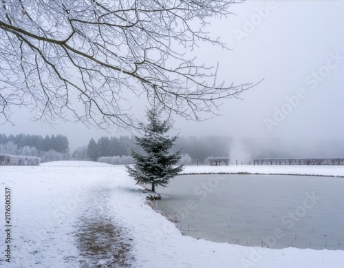 Frosted tree branches overhang a frozen pond in a misty snow covered winter landscape at dawn.