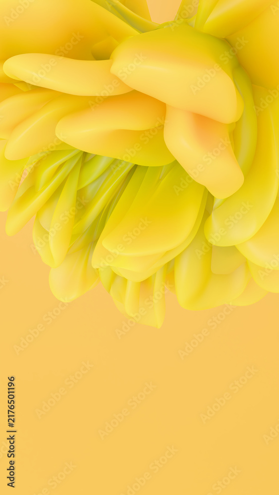 Fototapeta premium Stylized yellow abstract floral backdrop rendered in 3D with layered smooth petals. Ideal for bright phone wallpapers, artistic social media stories, and clean minimalist graphic visual setups.
