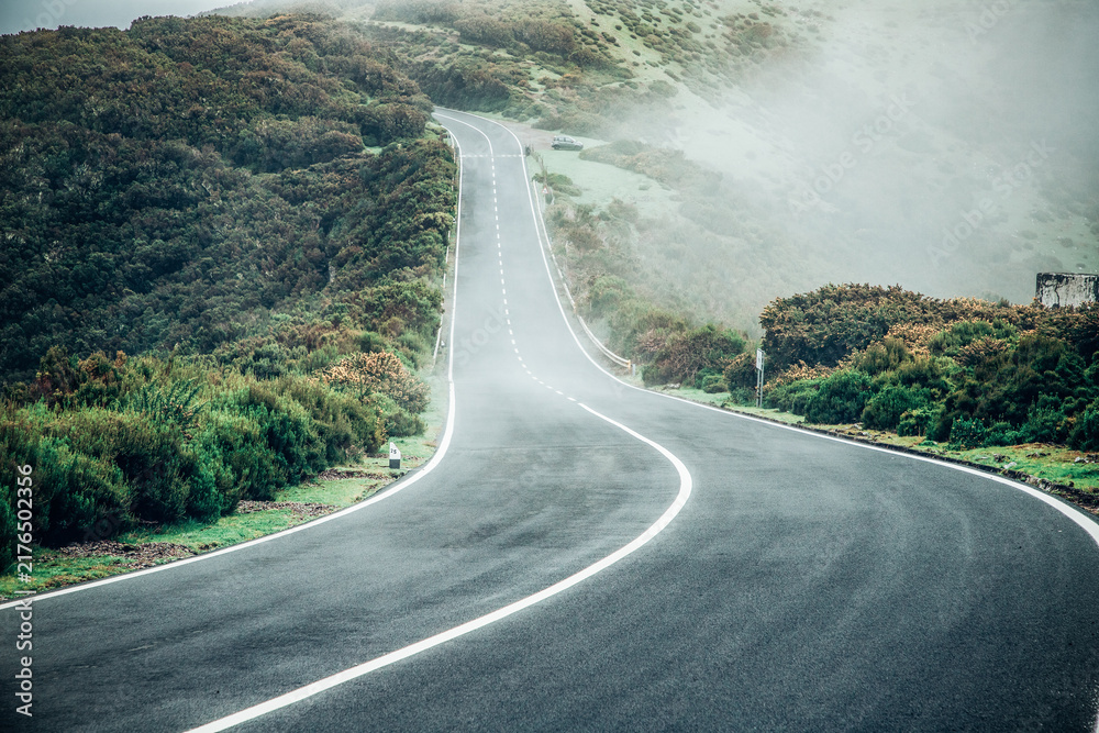 Naklejka premium road on a foggy rainy day