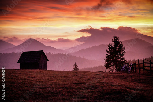 Quadro su tela beautiful alpine sunset with firs and cottage