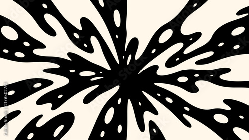 Bold black and warm cream organic splash radial pattern with flowing irregular shapes and scattered accents creating a dramatic abstract optical background