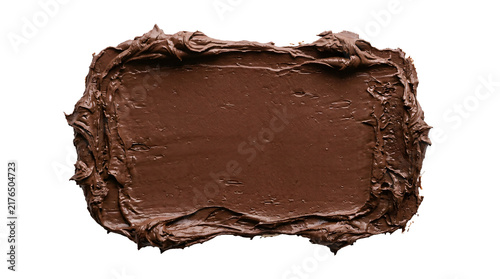 Rich dark brown chocolate frosting spread in a thick rectangular block featuring smooth textured edges and glossy surface on transparent background