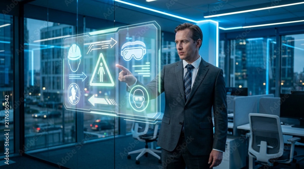 Fototapeta premium Businessman in dark suit interacting with glowing blue holographic safety interface showing helmet, goggles, mask icons, and warning arrows inside modern high-tech office with city skyline at night