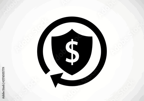 A minimal and important money protection icon with a perfect shield silhouette with a perfect sign of dollar and circular curved arrow symbol