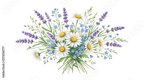 Watercolor bouquet of daisies, lavender, and forgetmenots isolated on white isolated on transparent background