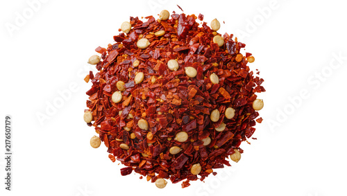 Принти на полотні Dried red chili flakes and seeds, a spicy seasoning isolated on transparent back