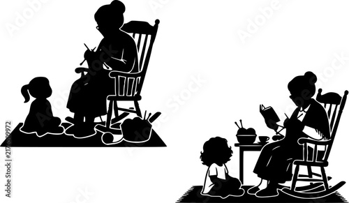 Vintage Grandmother Knitting in Rocking Chair Silhouette Set with Child and Dog Sitting on Floor in Black Isolated on White for Retro Family and Nostalgia Design