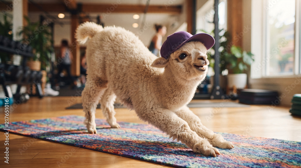 Obraz premium Adorable alpaca wearing a baseball cap doing yoga in a gym