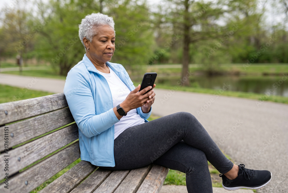 Obraz premium Older woman in athletic wear using smartphone on park bench