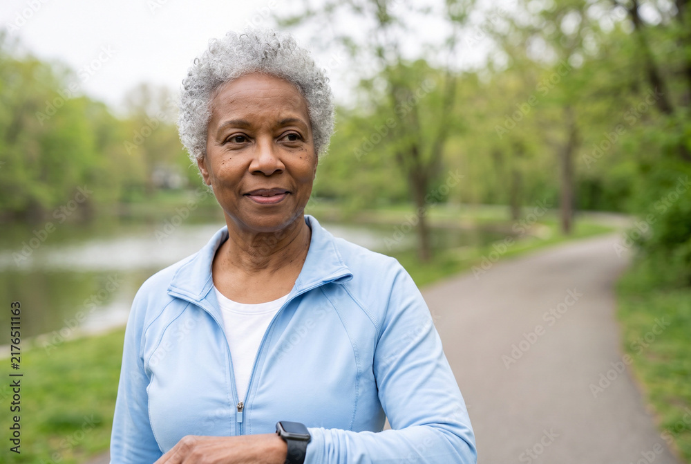 Fototapeta premium Senior woman in light blue jacket with smartwatch on park path by pond