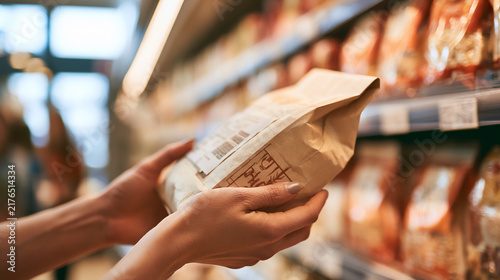 Close-up of customer's hands inspecting an organic stamp on a generic product label in a supermarket. Ai gen
