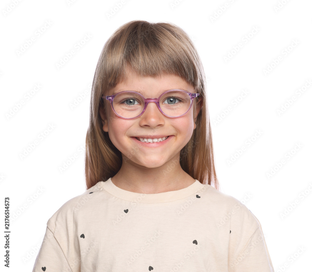 Fototapeta premium Portrait of cute little girl on white background