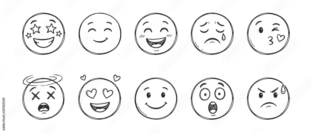 Fototapeta premium Hand drawn emoji face doodle icon set showing happy, sad, smiling and expressive emotions for modern designs.