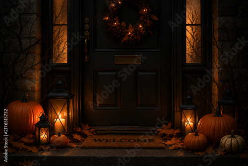 Dark front entrance decorated with pumpkins, glowing candle lanterns, autumn leaves and a seasonal wreath. Cozy and atmospheric Halloween porch decor with warm evening light.