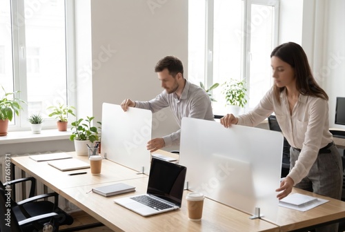 Colleagues setting up frosted acrylic privacy screens on desks in a modern office