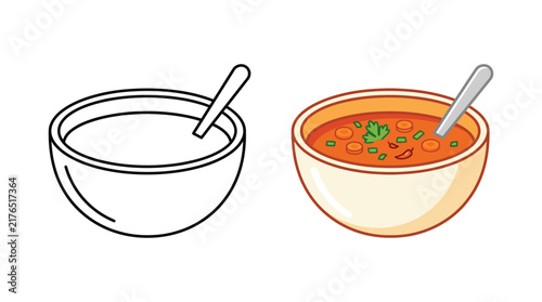 Bowl of soup with spoon colored and outline vector illustration