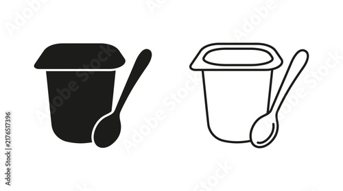 Yogurt container with spoon black and line art silhouettes on white