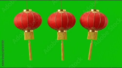 Three Red Chinese Lanterns Gently Swaying on Green Screen Chroma Key for Lunar New Year