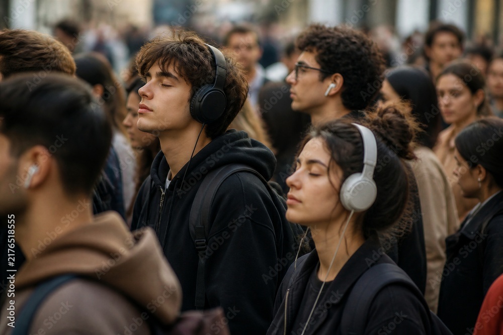 Fototapeta premium Young people listening to music in crowded city street during commute
