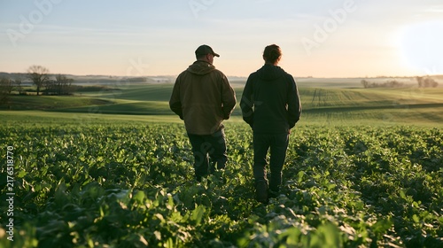 Two farmers walking through green cover crops at dawn