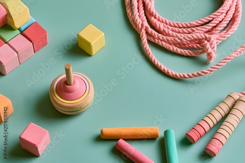 Nostalgic analog childhood toy flat lay