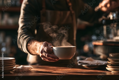 Solo barista holding steaming coffee cup