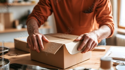 Solo entrepreneur opening ecommerce parcel on wooden table