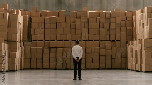 Warehouse quality controller stands before stacked holiday parcels