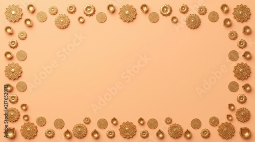 Decorative golden floral frame with diya lamps on peach background for festive occasions.