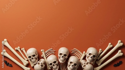 Halloween arrangement of skulls and bones with bats on orange background.