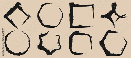 Title
Brush stroke frame icon vector set displays black ink hand drawn circle, square, diamond, and polygon borders. Grunge ink geometric frames are isolated on a beige background for projects.