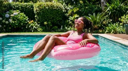 Young Black woman reclining on pink inflatable donut float in turquoise swimming pool surrounded by lush tropical greenery on sunny summer day