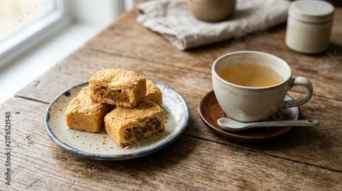 Golden-brown rectangular pineapple cakes on a small ceramic plate served with a cup of tea on a rustic wooden table, traditional Asian pastry snack delight