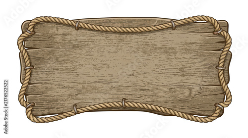Wooden sign board with rope border isolated on transparent background