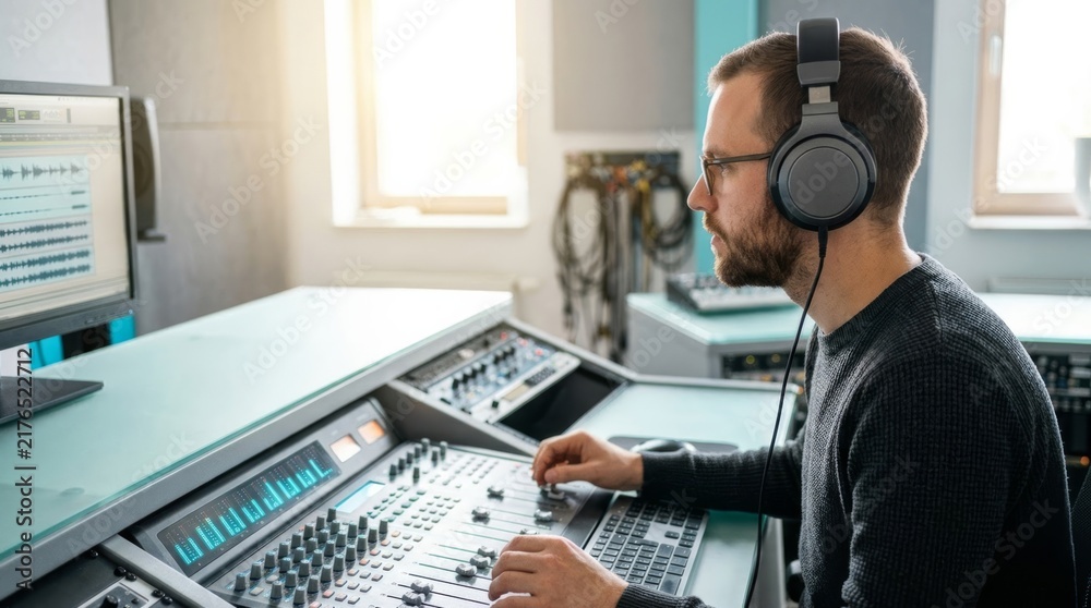 Obraz premium Man in headphones mixing sound on audio console in bright modern studio, focusing on creative audio production