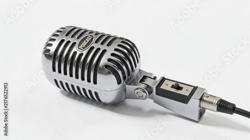 Vintage podcast microphone with audio cable and on/off switch, isolated on white background, studio shot, close-up
